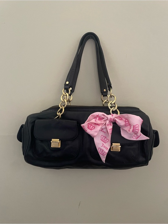 Juicy Couture Handbags - Vintage Juicy Couture Black Leather Barrel Bag with Pink Bow Scarf Y2K Authentic